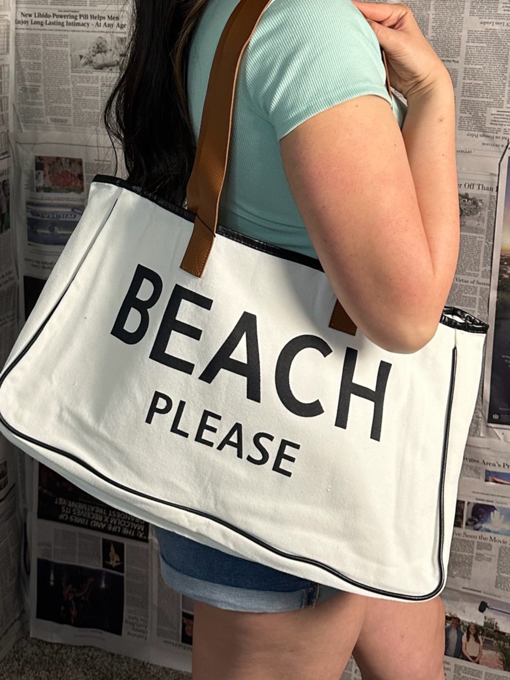 Canvas Beach Tote Bag with Tan Straps - BEACH PLEASE